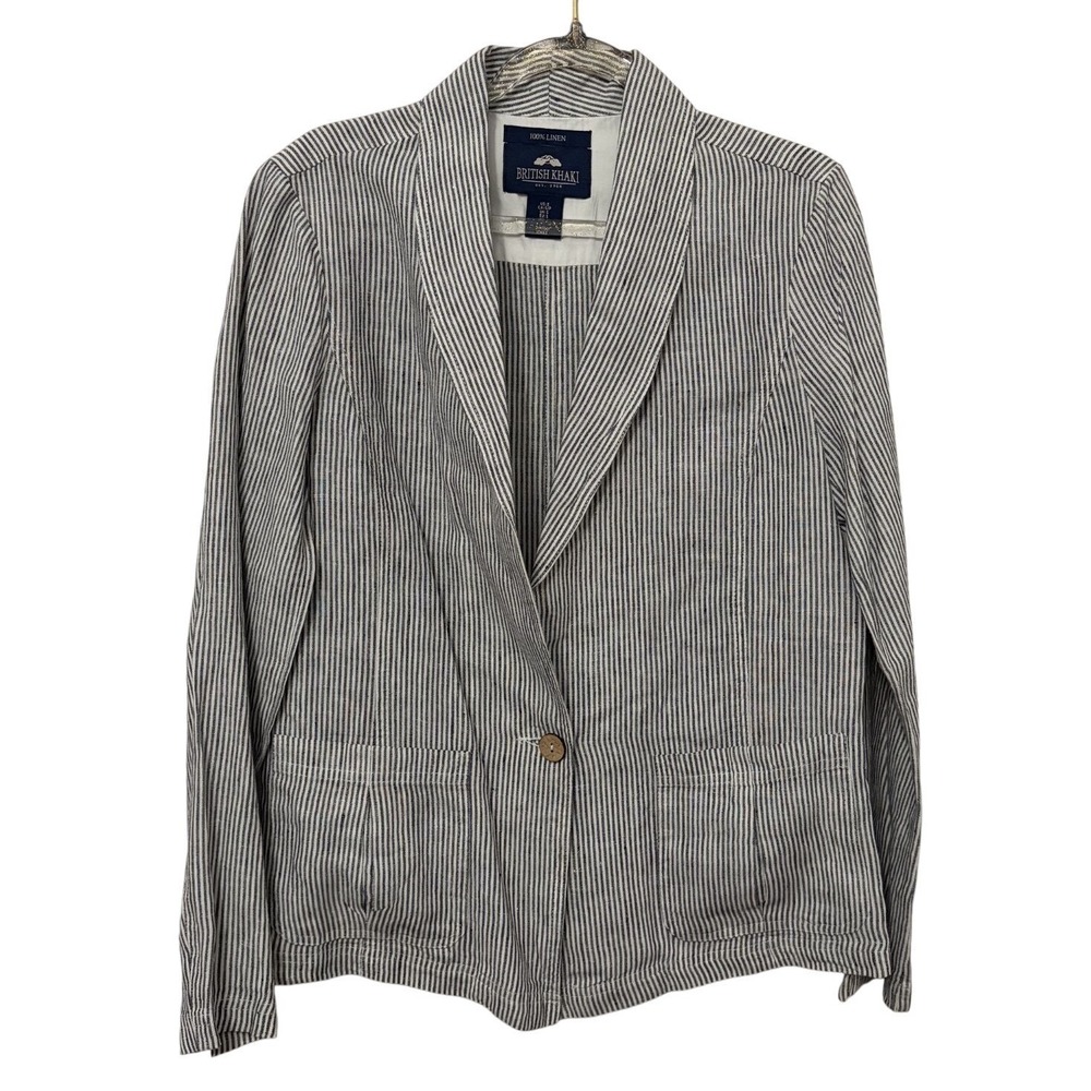 100% Linen Striped Blazer Womens S Coastal European Summer Tailored Quiet Luxury